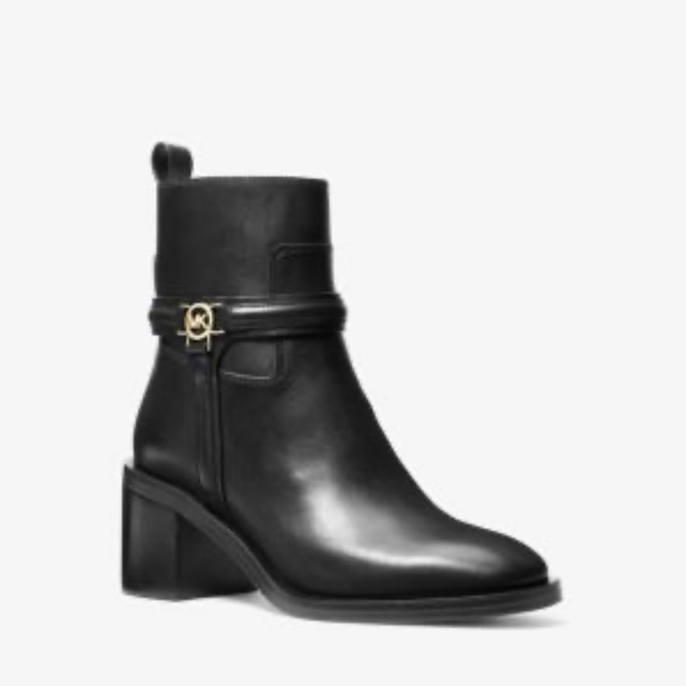 Michael Kors Black Ankle Booties with Leather and Block Heel